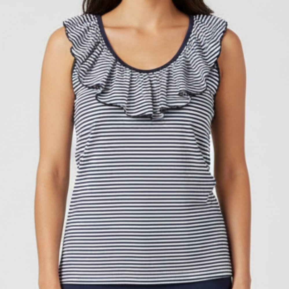 AnaClare Ruffle Trim Navy Stripe Top